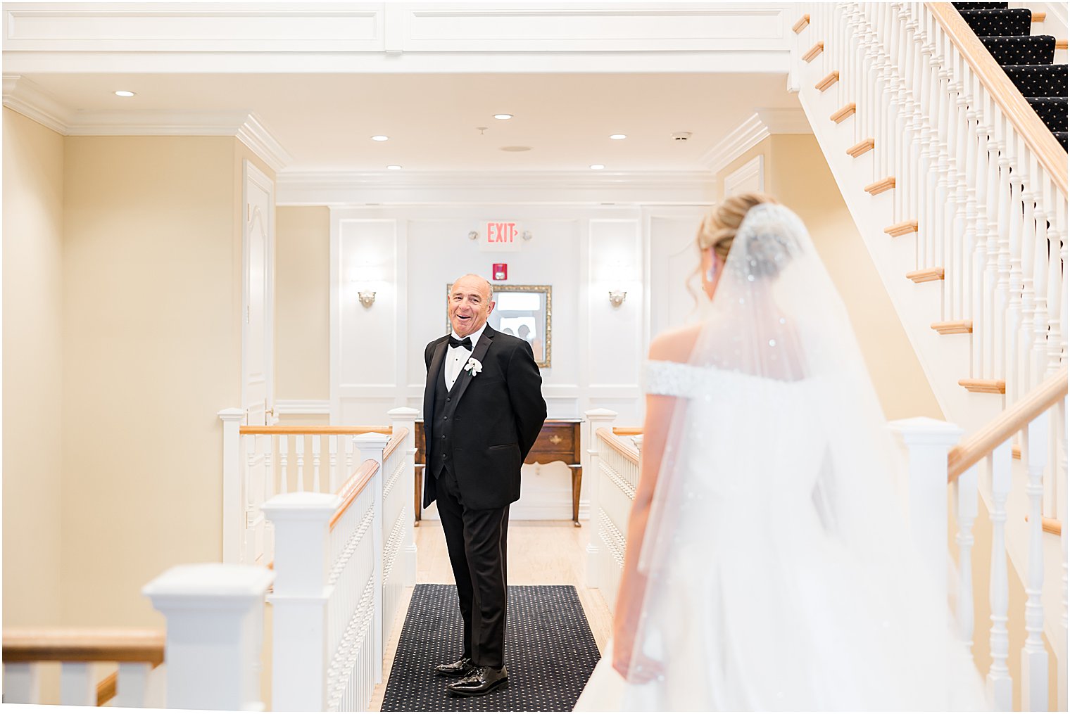 father turns to see bride for first look inside Bonnet Island Estate