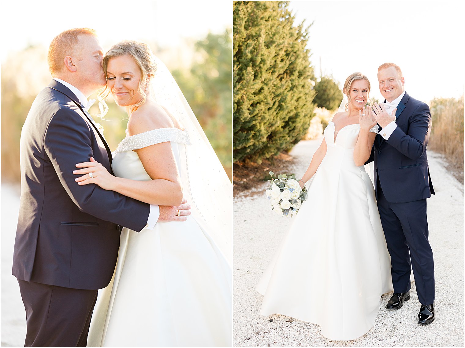groom leans to kiss bride's forehead during beach wedding portraits 