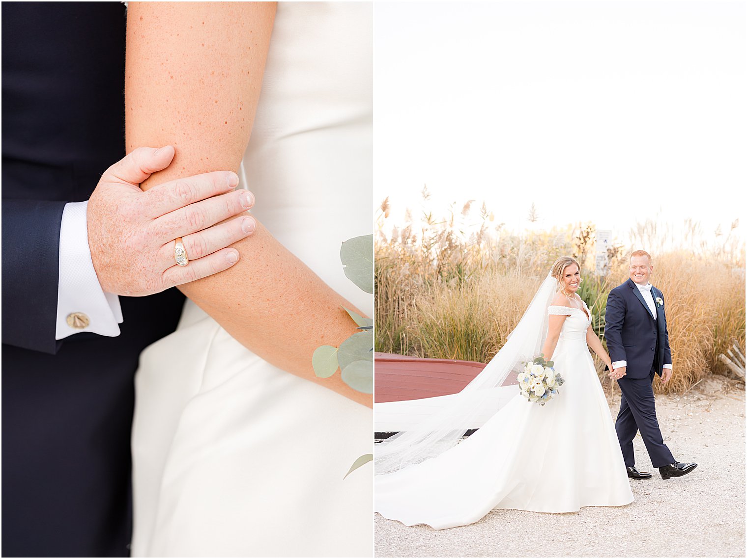 groom holds bride's arm during portraits at Bonnet Island Estate