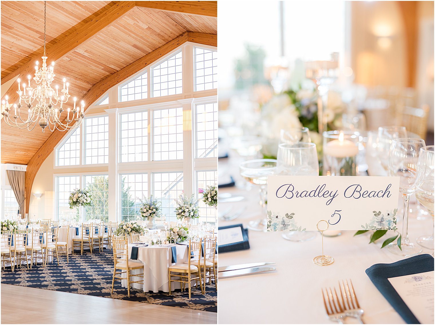 blue and white details for wedding reception in ballroom at Bonnet Island Estate