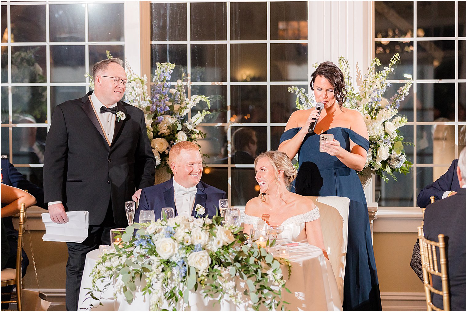 maid of honor gives speech during LBI wedding reception