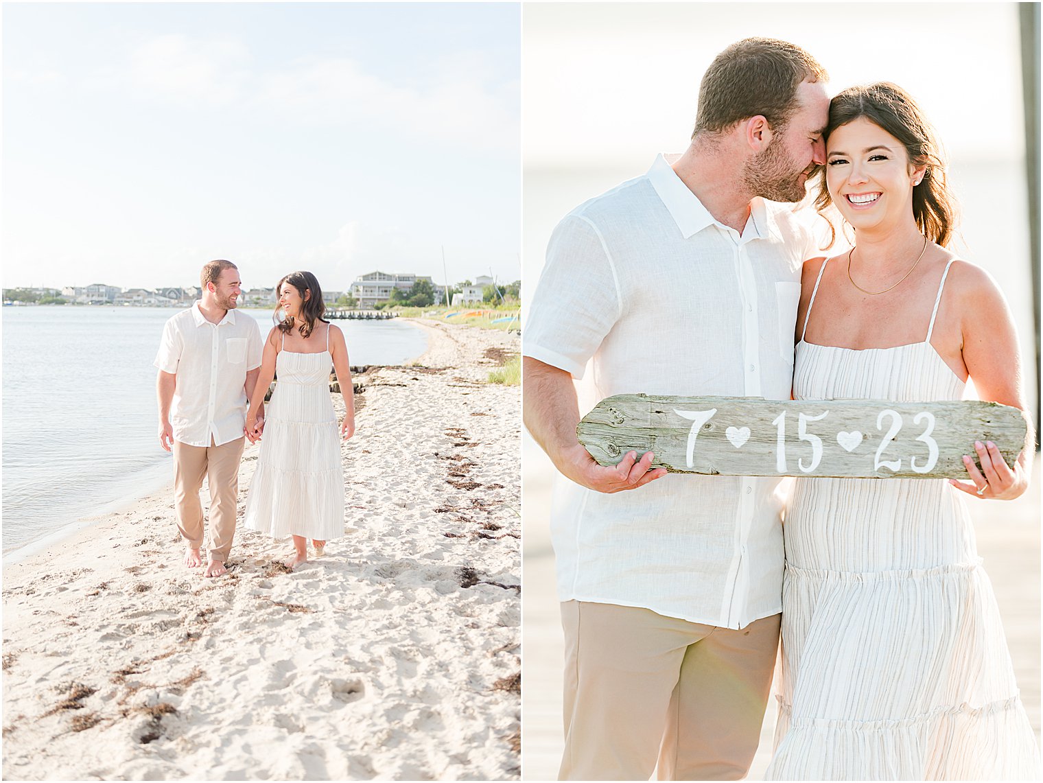 couple holds save-the-date sign on Lavallette Beach