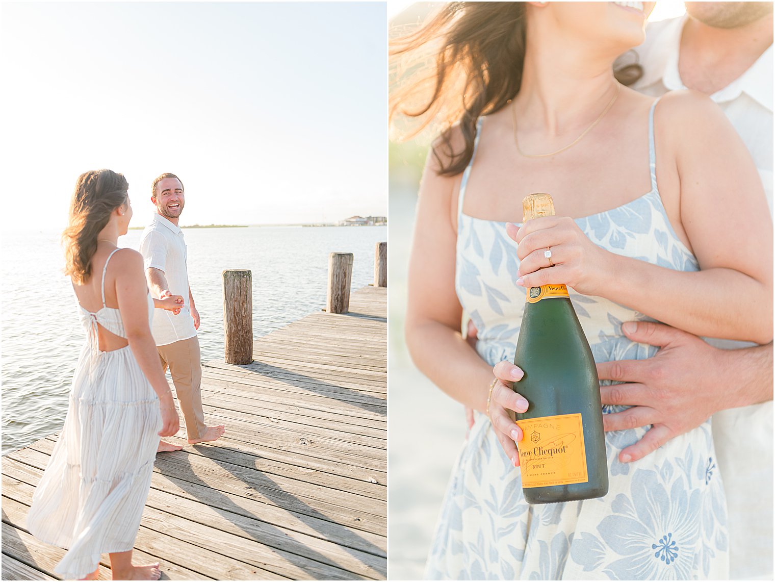 bride holds champagne bottle on Lavallete Beach