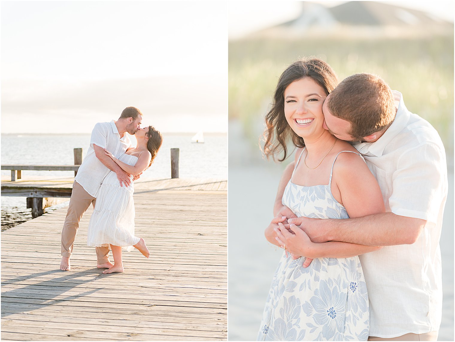 groom kisses bride's neck during summer Lavallette Beach engagement session