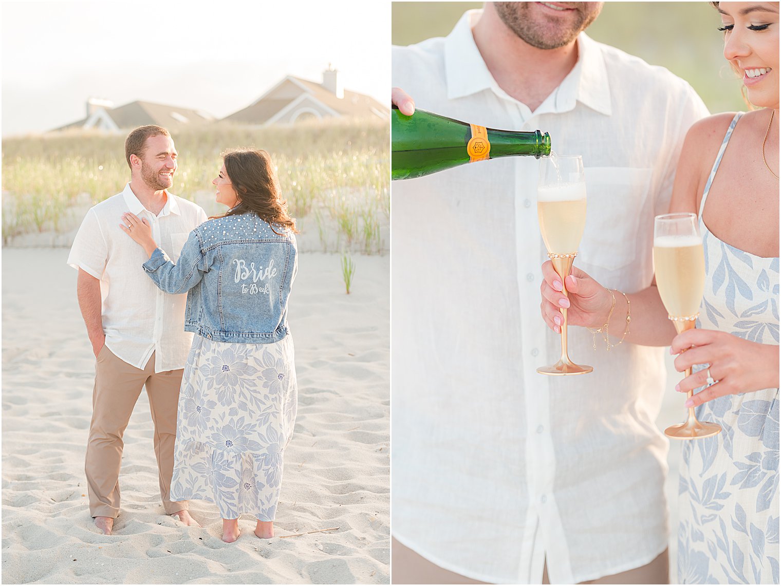 groom pours champagne during beach engagement session 