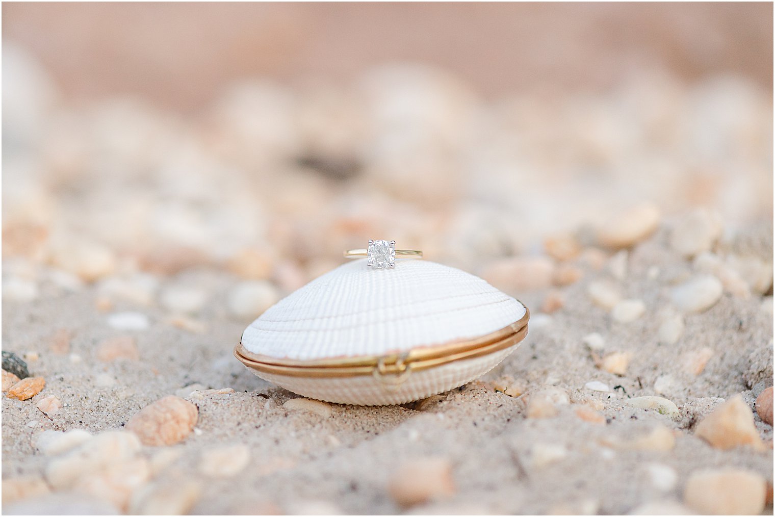 engagement ring sits on clam box at Lavallette Beach