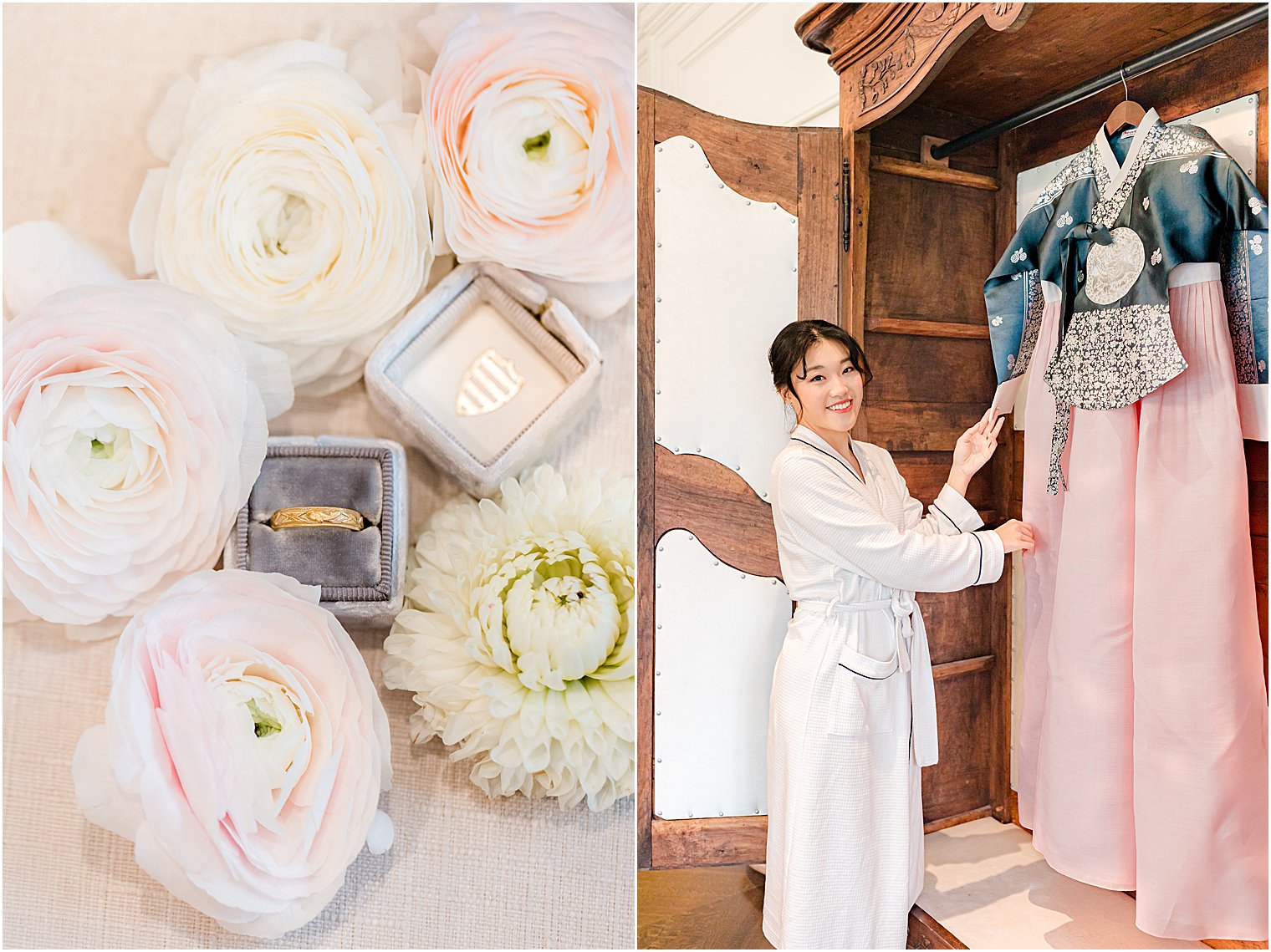 bride looks at traditional Korean wedding dress