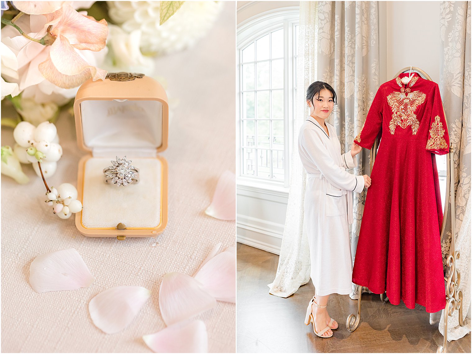 bride stands with traditional Chinese wedding gown in New Jersey venue