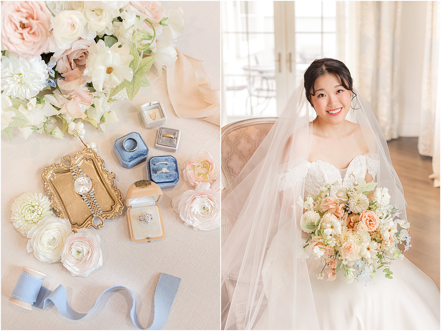 bride sits with veil around shoulders and pastel bouquet in bridal suite at Park Chateau Estate 