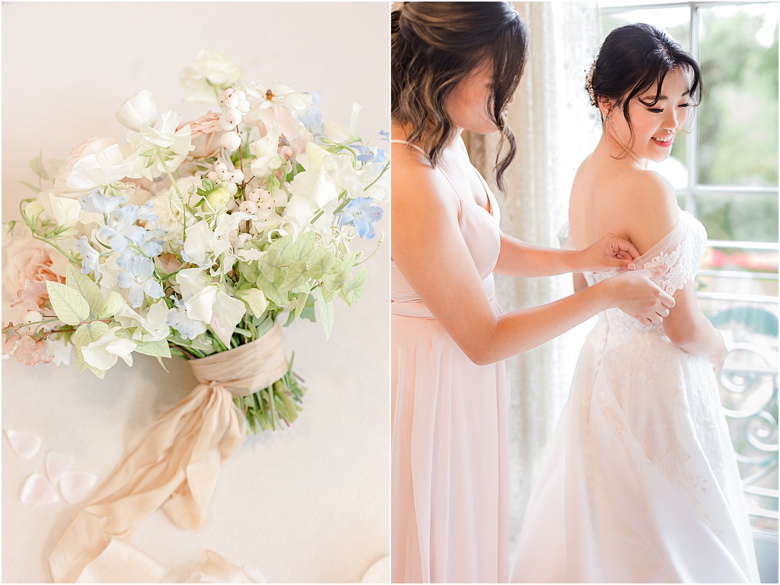 bridesmaid in pink gown helps bride prepare for fall Park Chateau Estate wedding