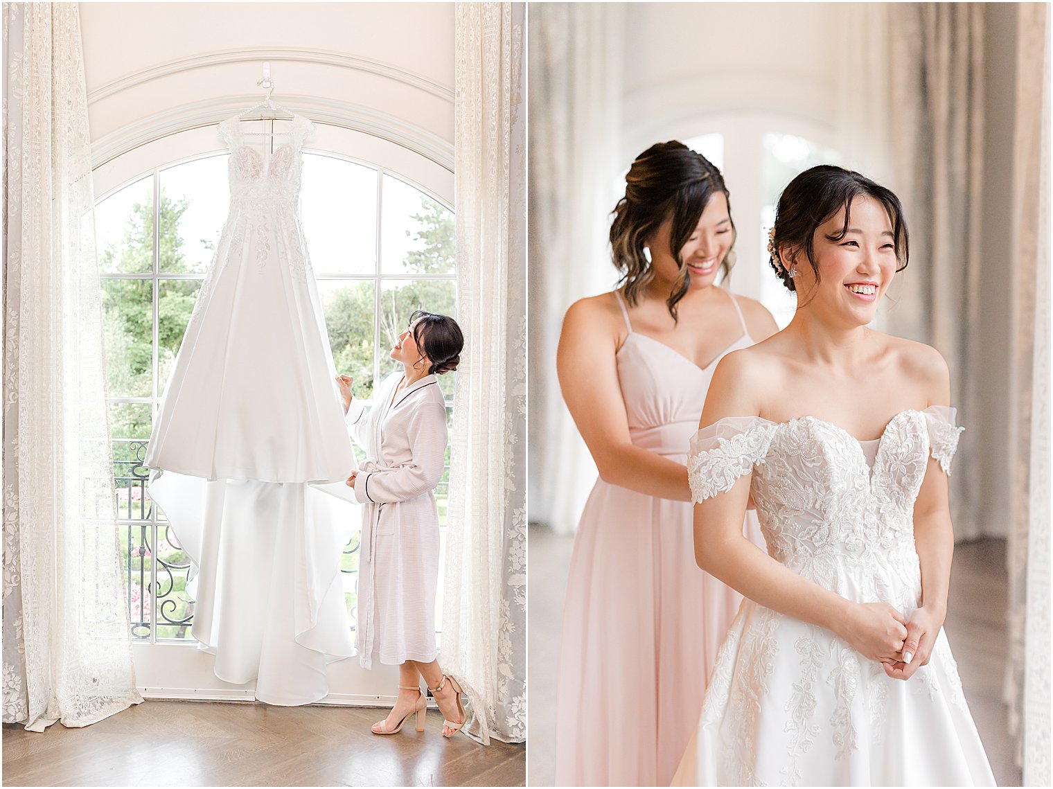 bridesmaid helps bride into wedding gown for fall Park Chateau Estate wedding day