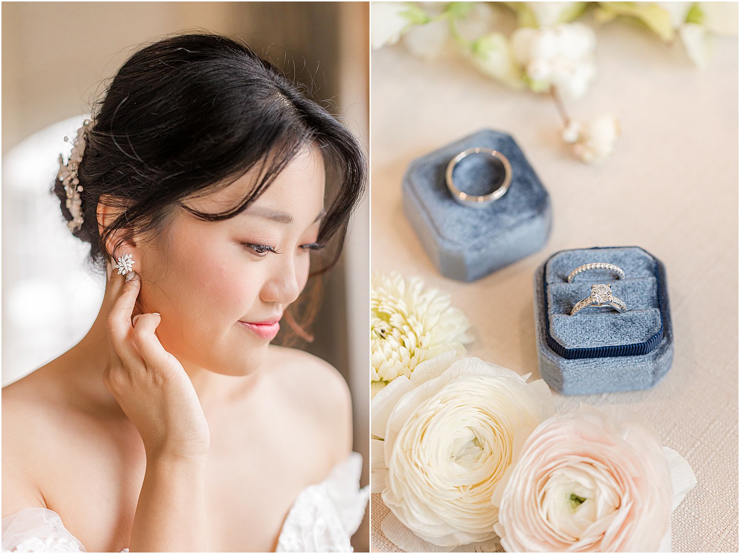bride adjusts earrings for fall wedding in New Jersey 