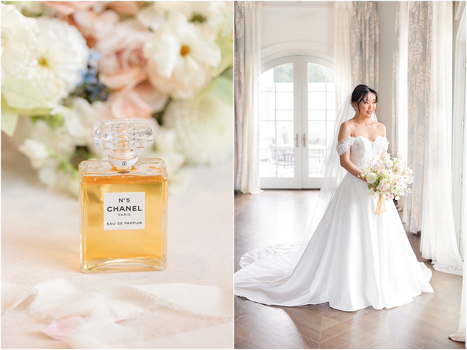 bride stands in window holding pastel bouquet during fall Park Chateau Estate wedding day