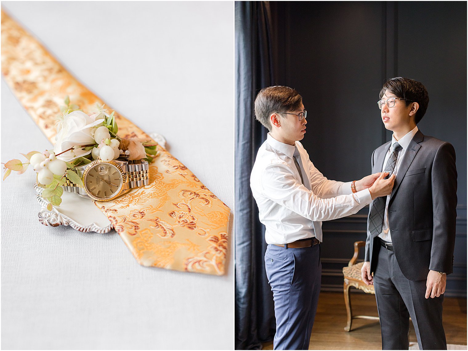 groomsman helps groom with tie and suit