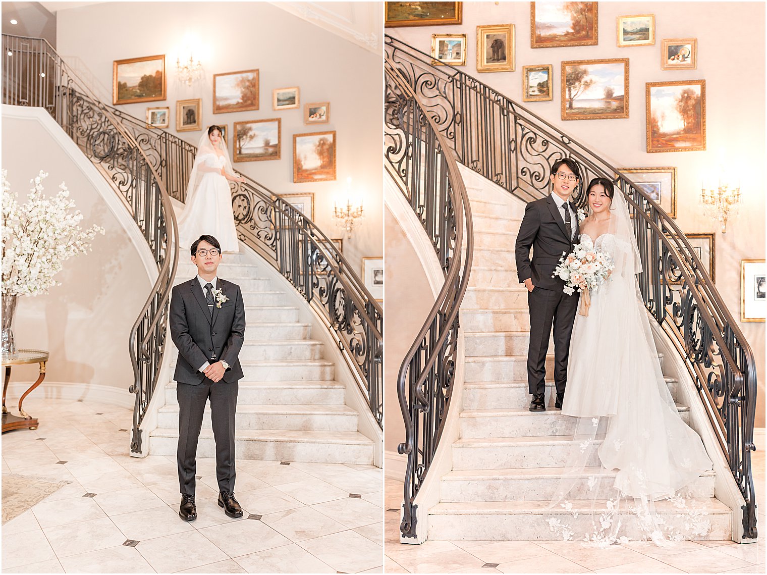 bride approaches groom for first look on staircase at Park Chateau Estate