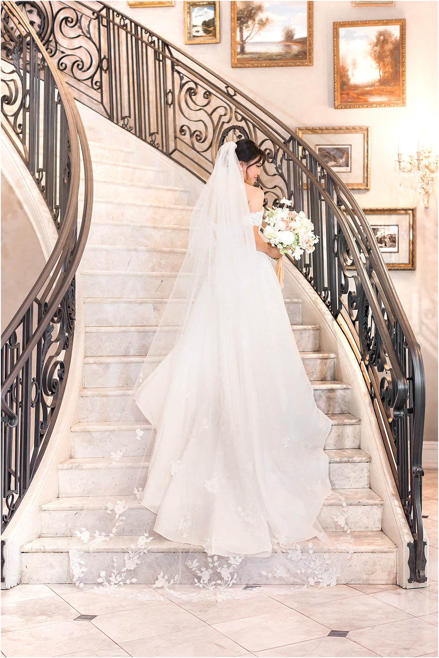 bride stands on steps with veil trailing behind her at Park Chateau Estate