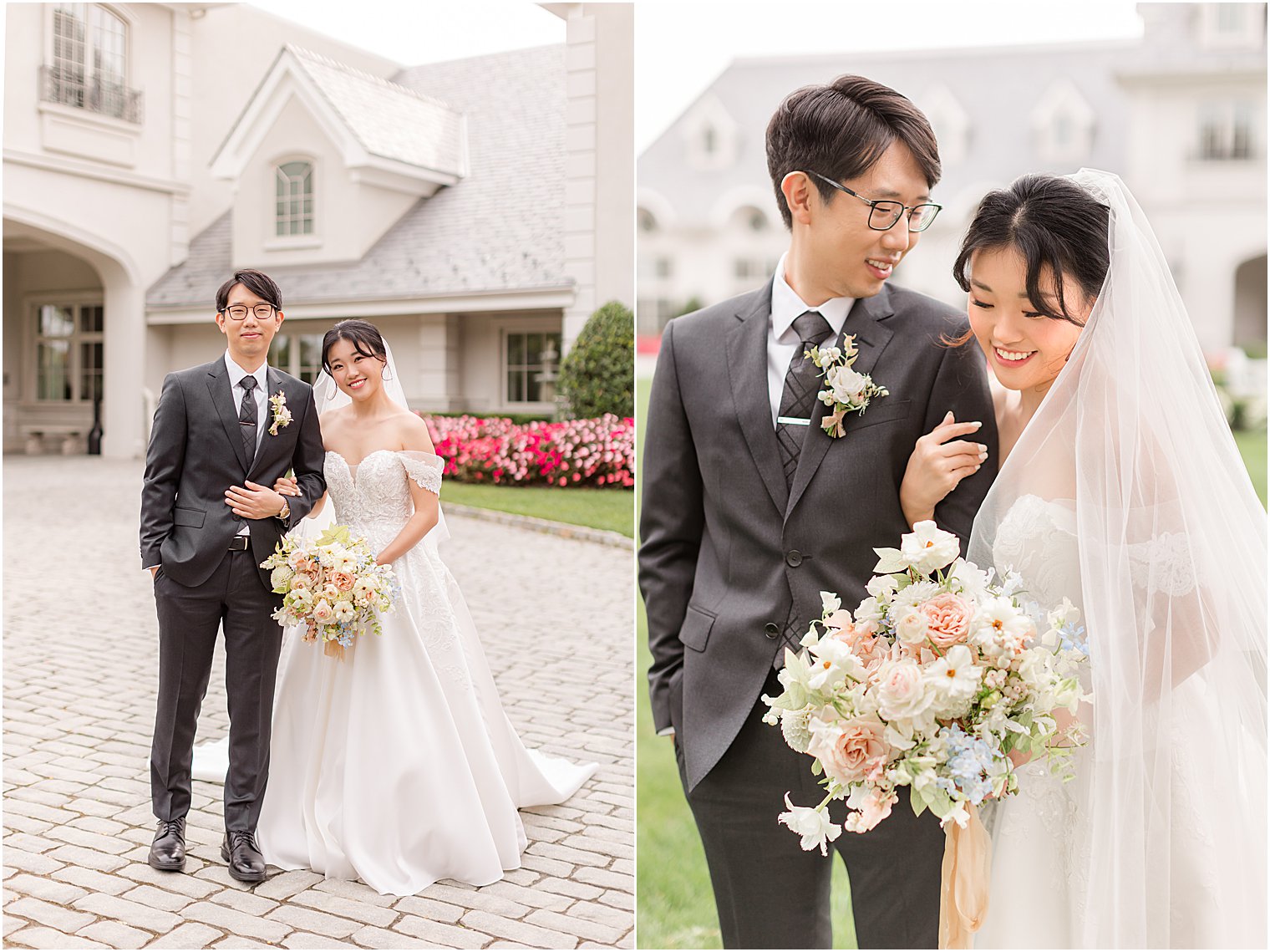 bride holds groom's arm outside Park Chateau Estate