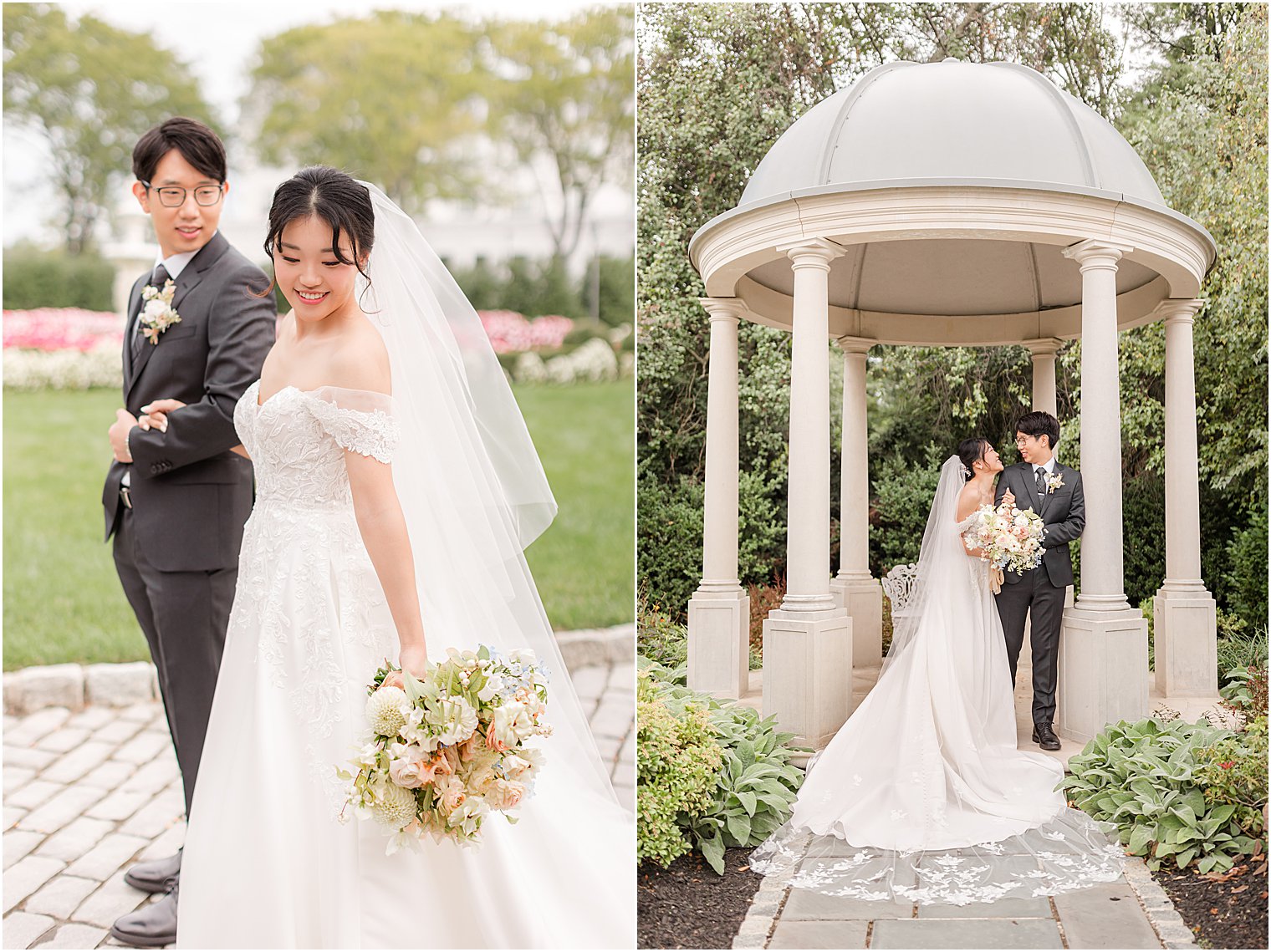 bride stands under gazebo with groom in gardens at Park Chateau Estate