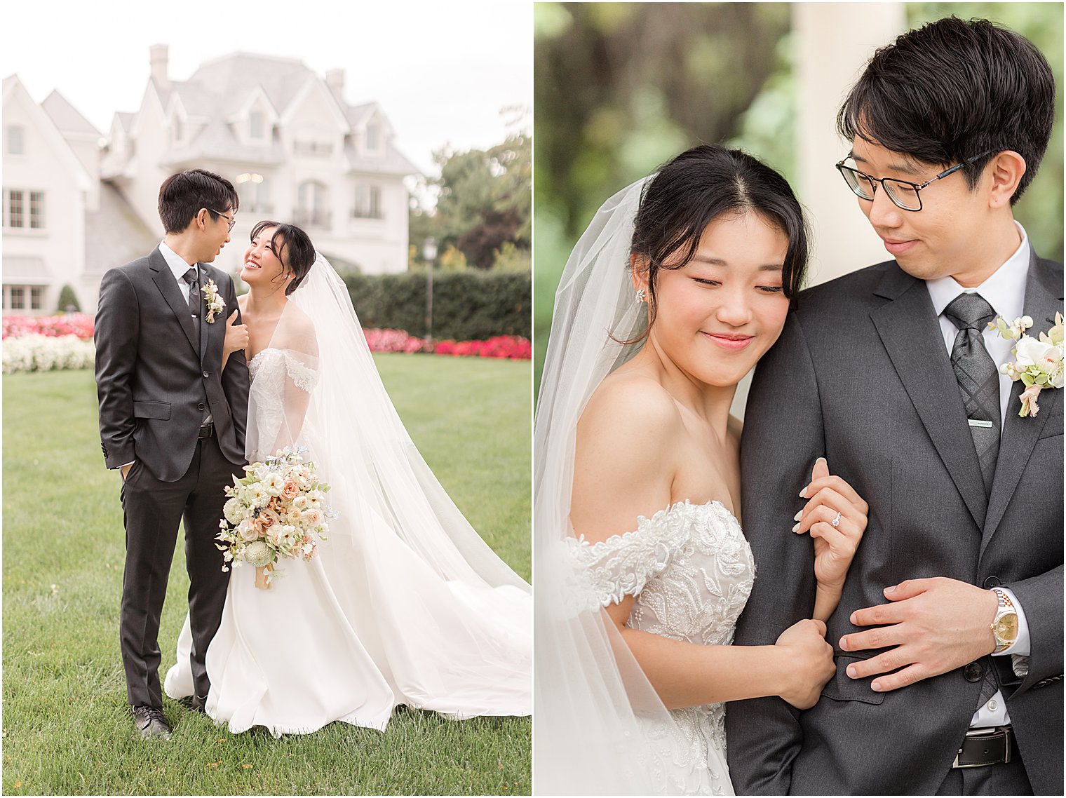 bride and groom stand in gardens at Park Chateau Estate