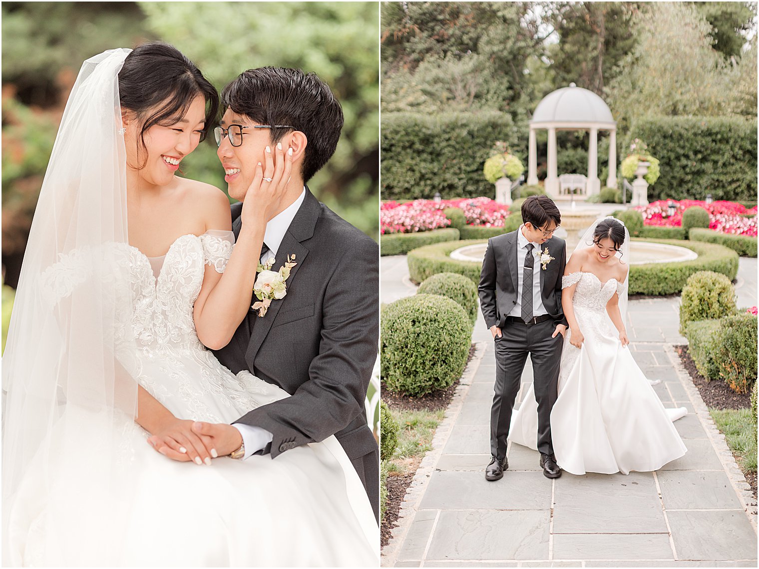 bride and groom walk through gardens bumping hips at Park Chateau Estate