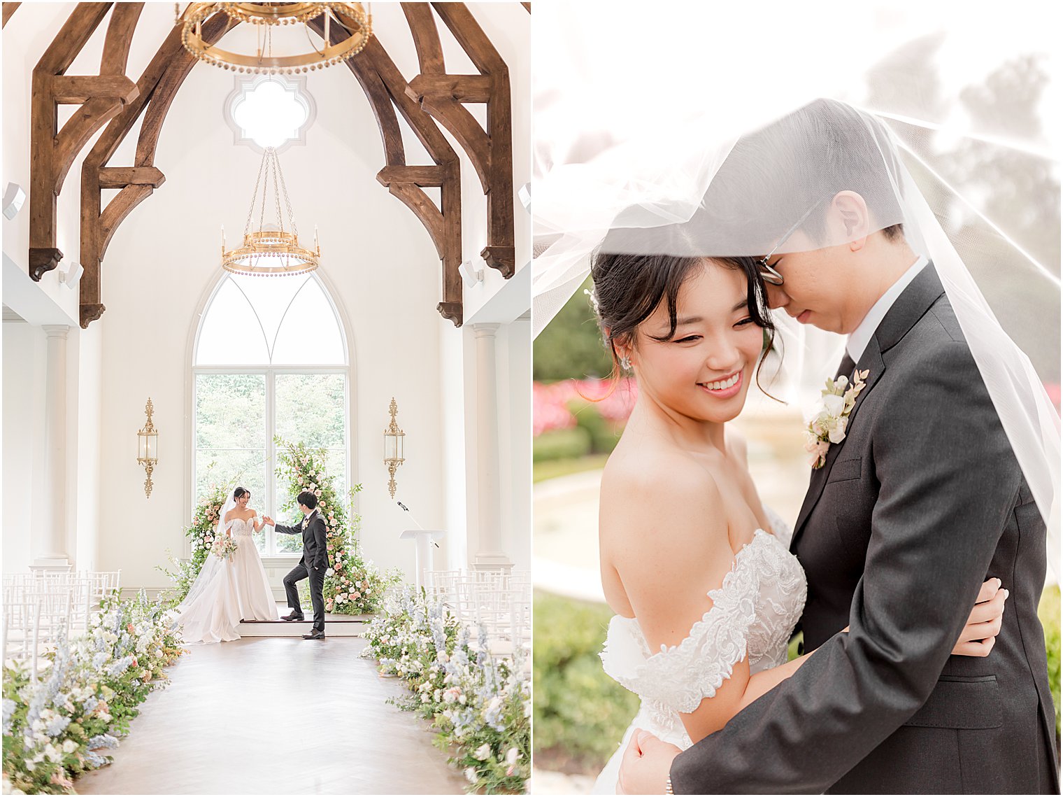 bride and groom walk in chapel at Park Chateau Estate