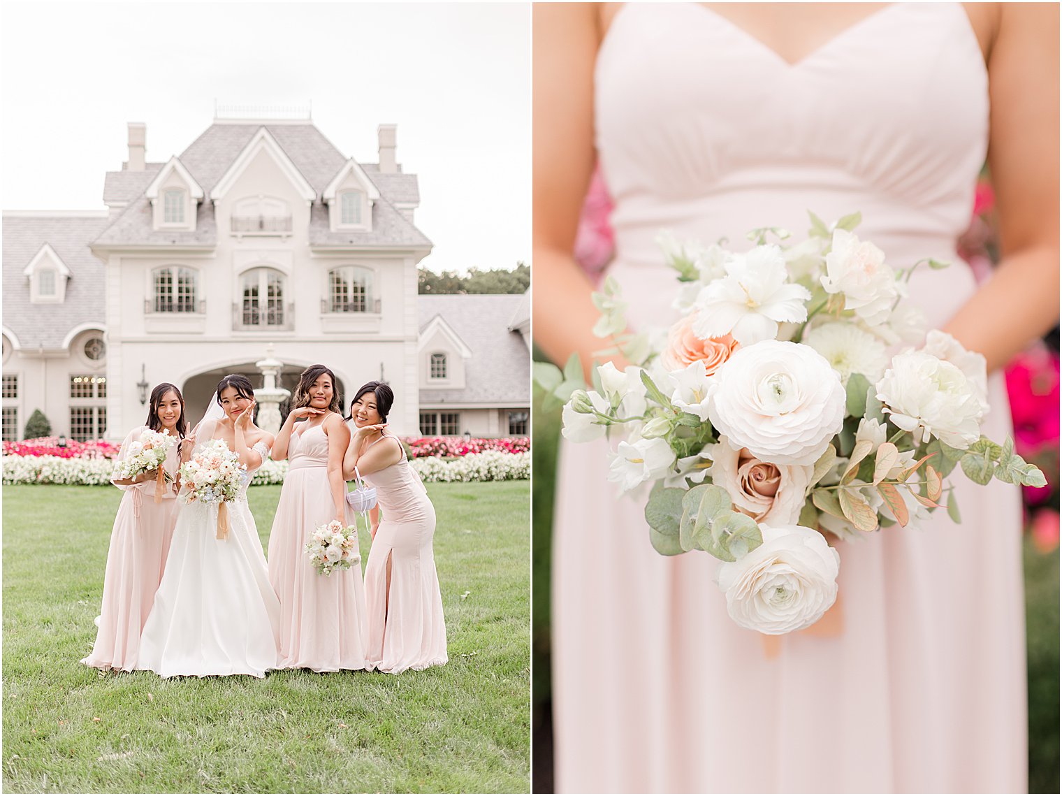 bride and bridesmaids pose in pink gowns with white bouquets 