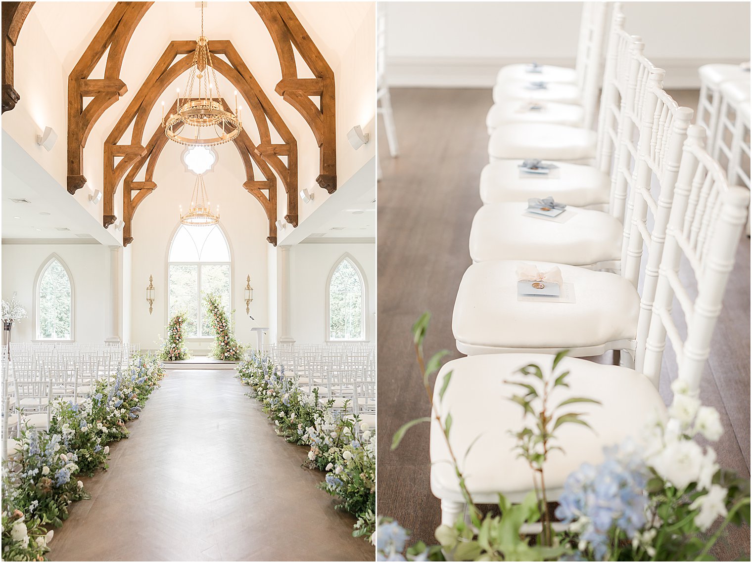 details for Park Chateau chapel ceremony with blue and white flowers 