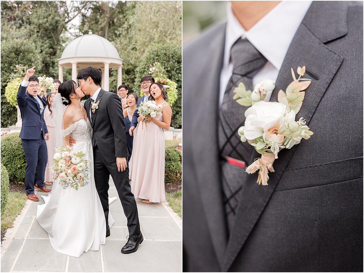 bride and groom kiss with wedding party cheering at Park Chateau Estate