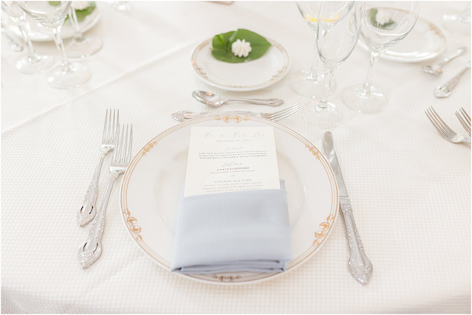 place setting with blue napkin