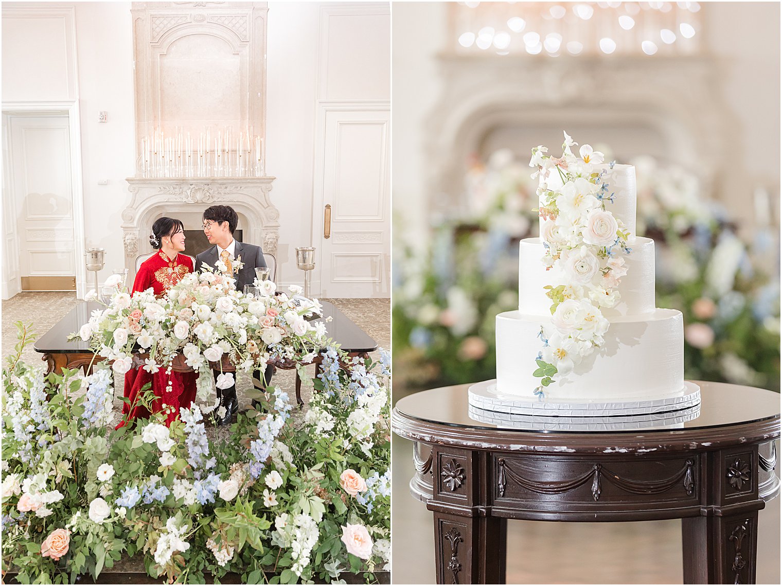 couple sits at sweetheart table with cake at Park Chateau Estate 