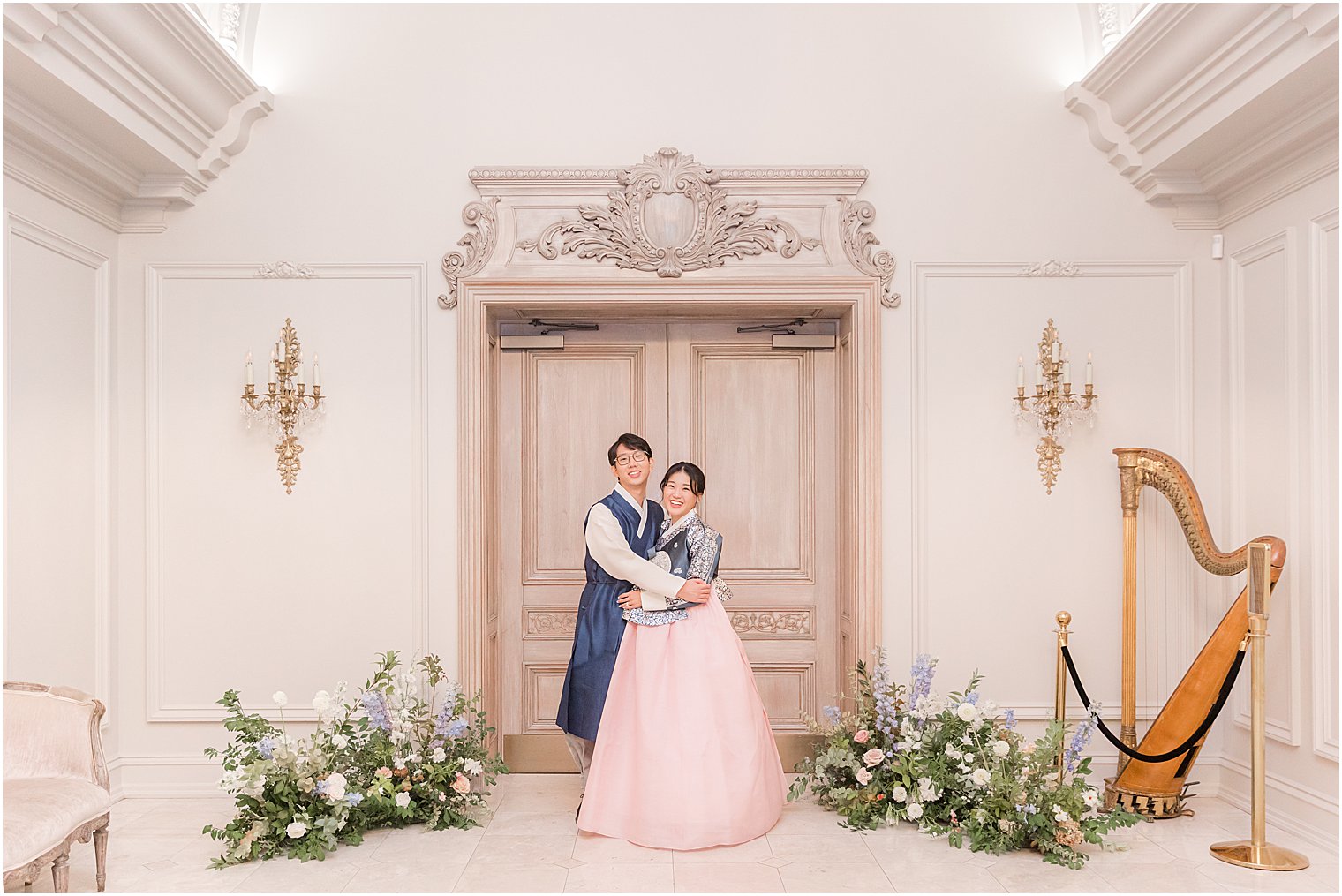 bride and groom pose together during Park Chateau Estate in New Jersey 