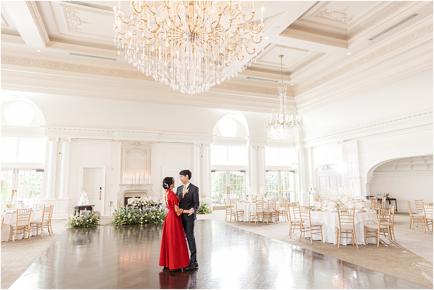 bride and groom dance in ballroom at Park Chateau Estate 