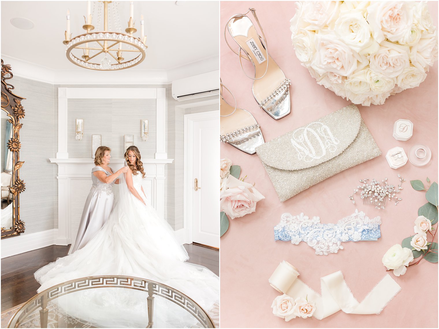 mother helps bride into wedding dress at Shadowbrook at Shrewsbury