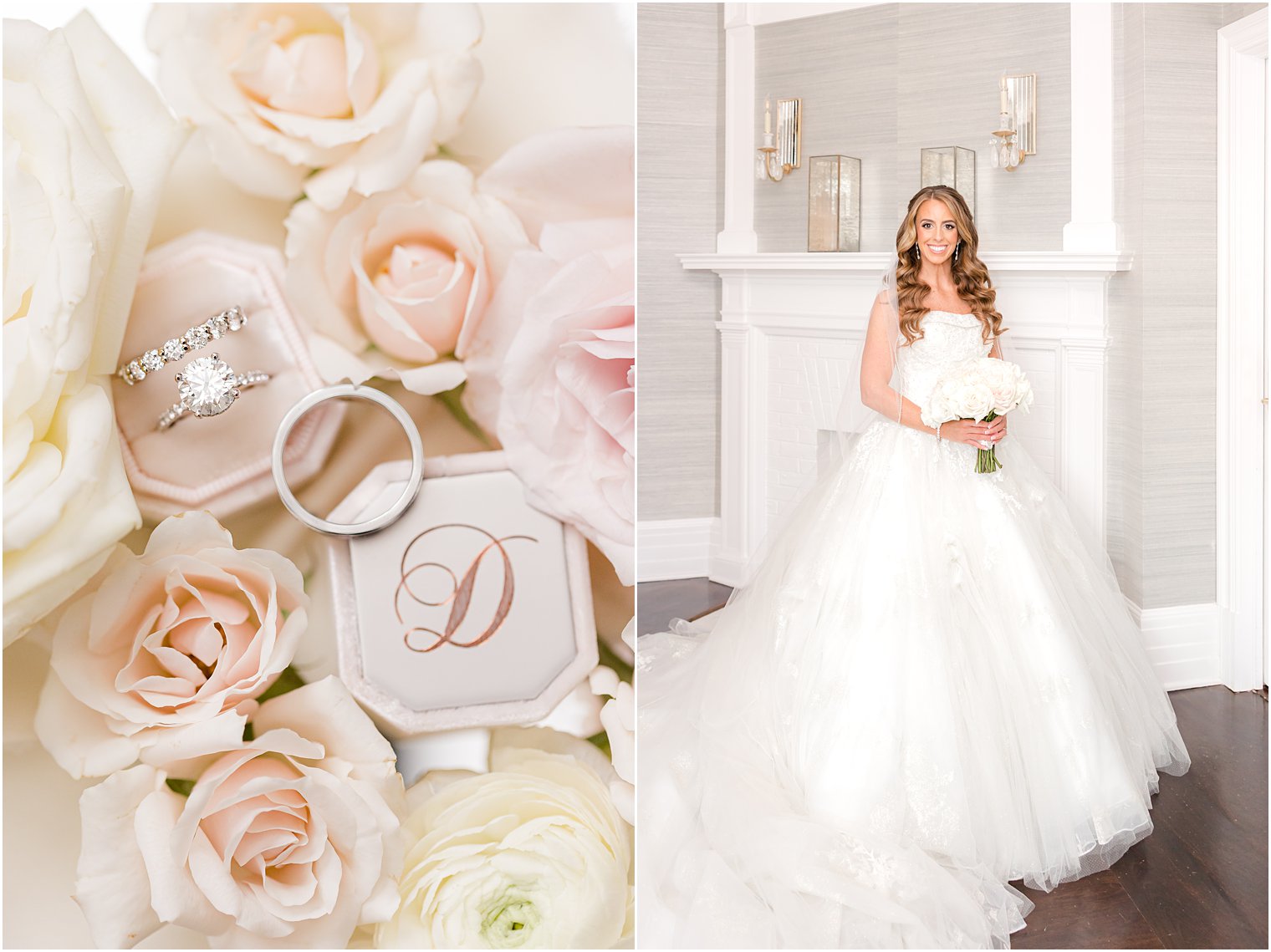 bride stands by fireplace holding bouquet of all-white flowers in strapless gown