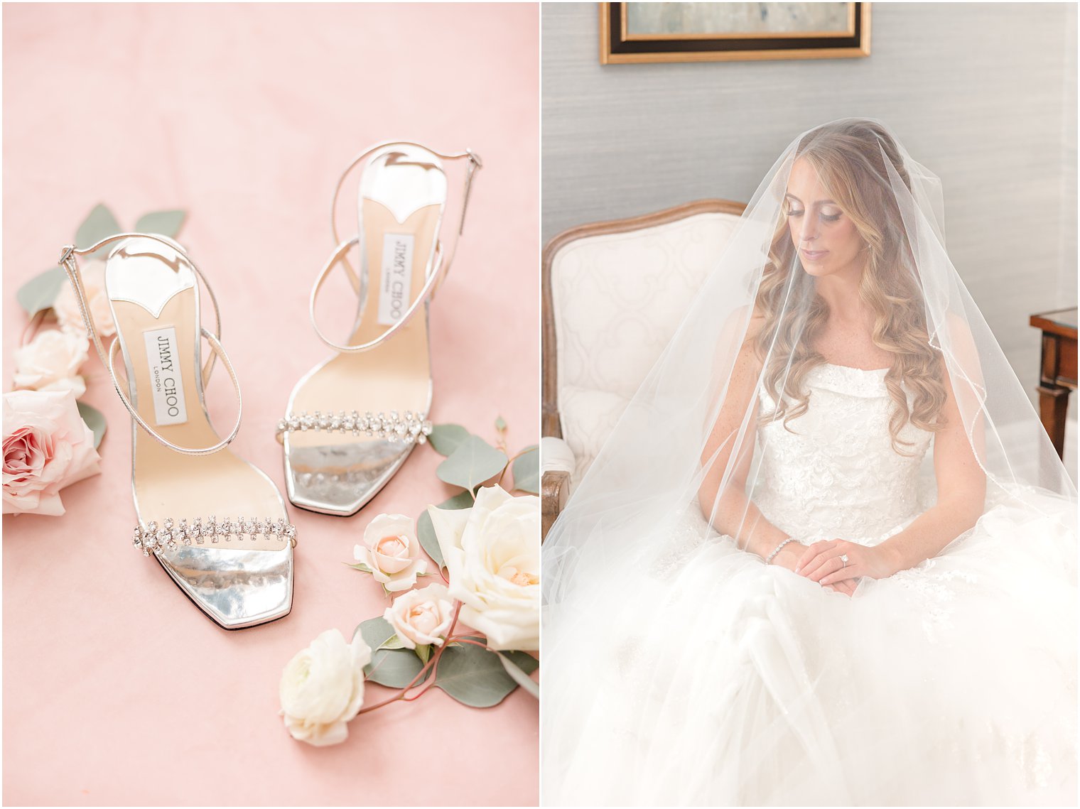 bride looks down over shoulder under veil sitting in chair at Shadowbrook at Shrewsbury