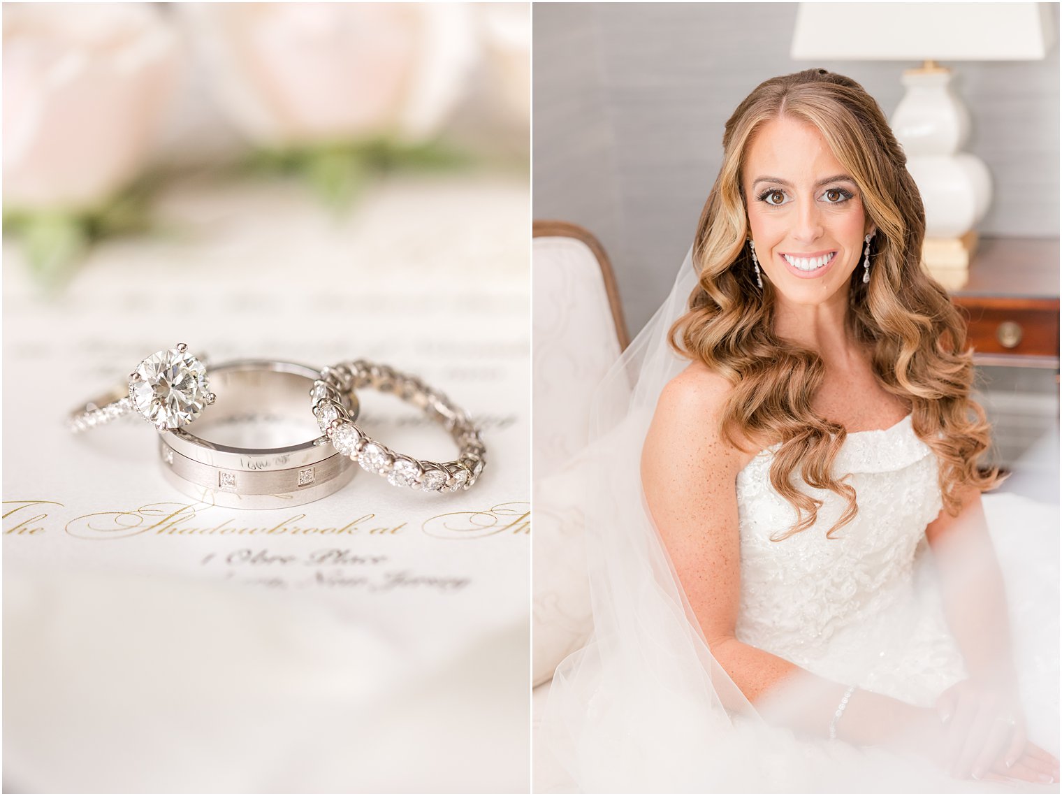 bride sits in strapless gown with veil behind her while preparing for NJ wedding