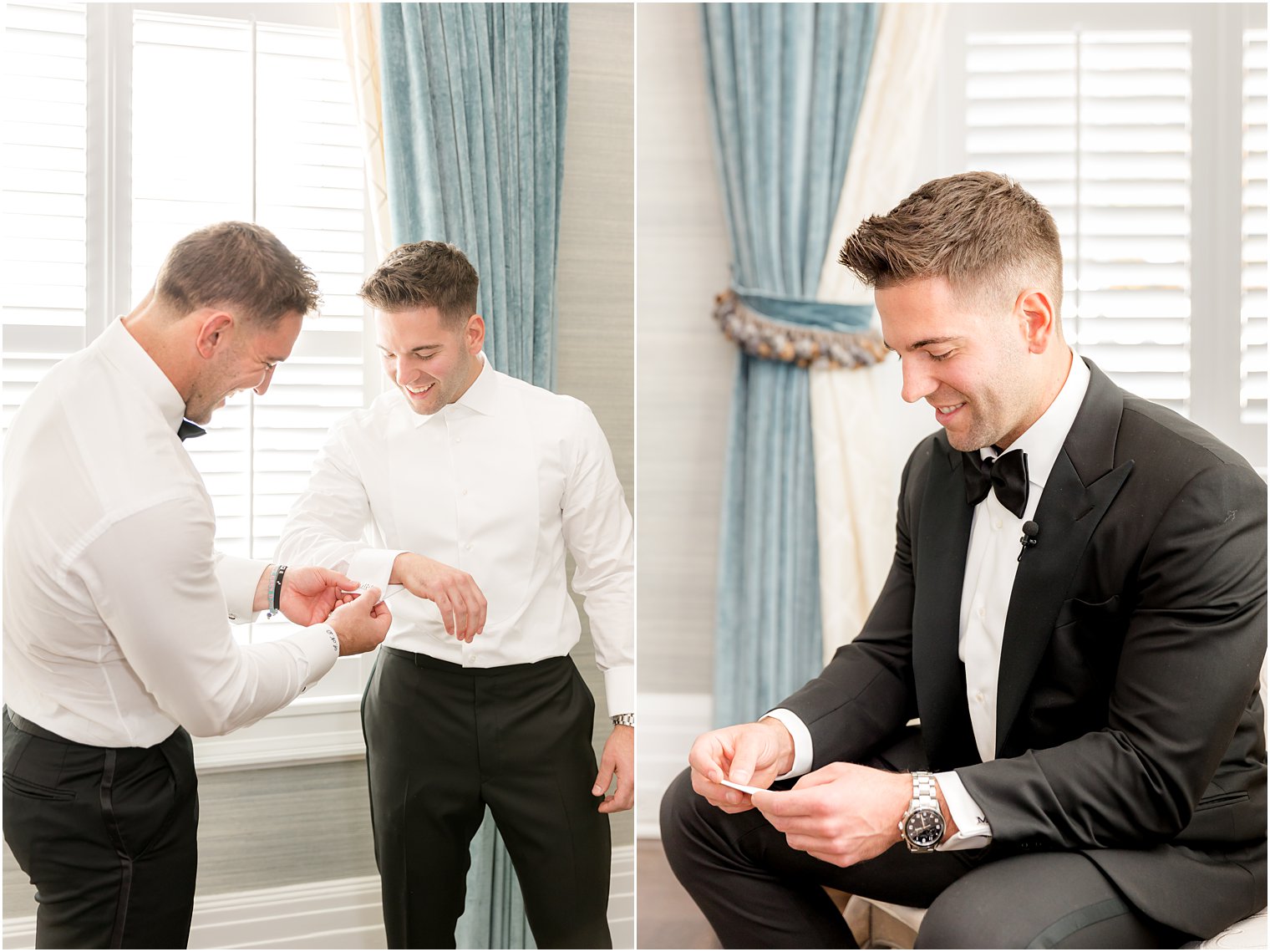 groom prepares for wedding day with groomsmen in New Jersey