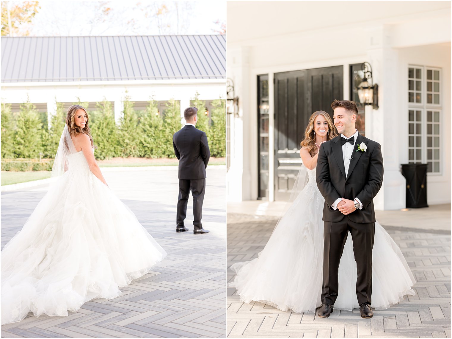 bride approaches groom for first look out front at Shadowbrook at Shrewsbury