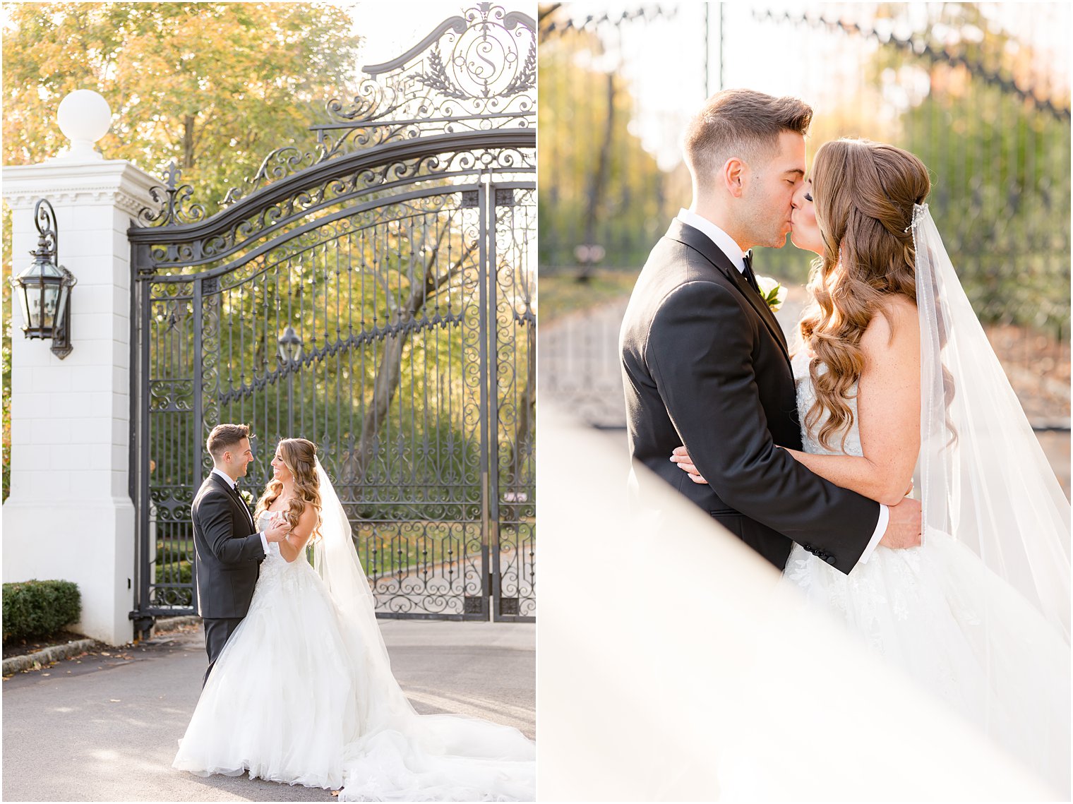 bride and groom kiss by wrought iron gates at Shadowbrook at Shrewsbury