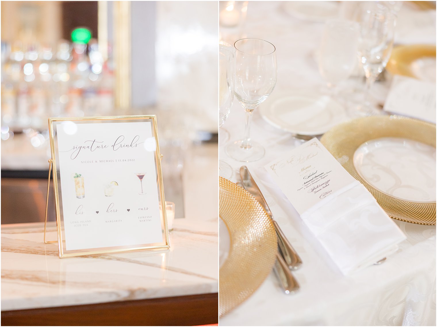 place settings with gold rimmed plates and signature drink sign