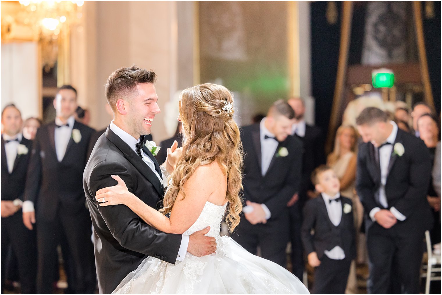 bride and groom dance in ballroom at Shadowbrook at Shrewsbury