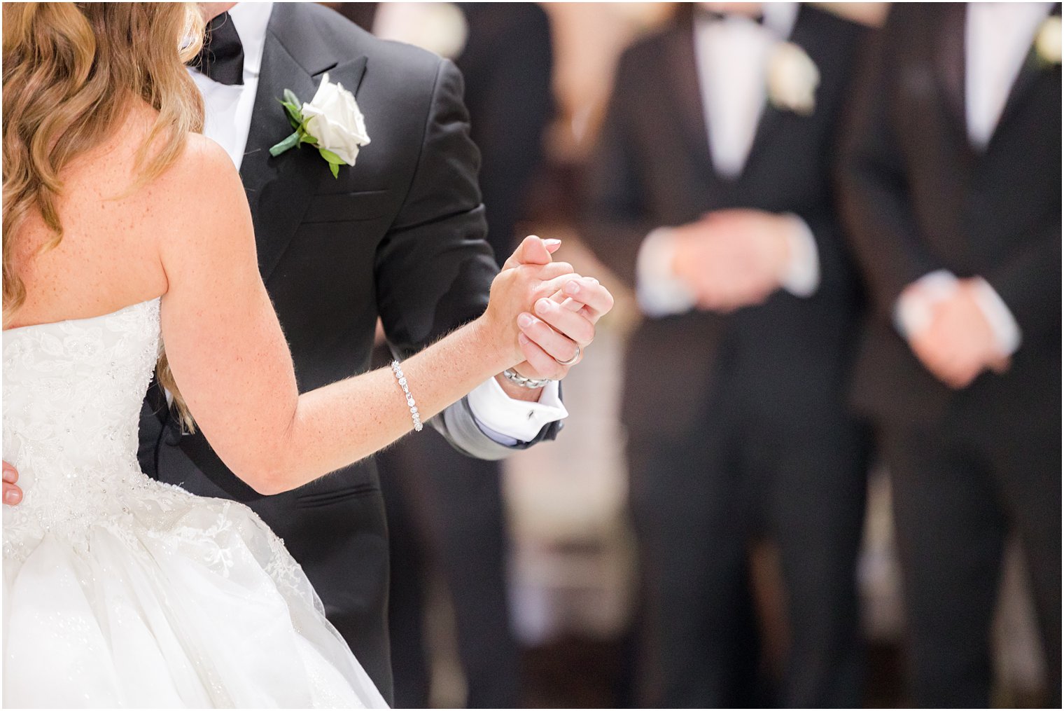 bride and groom dance in ballroom at Shadowbrook at Shrewsbury