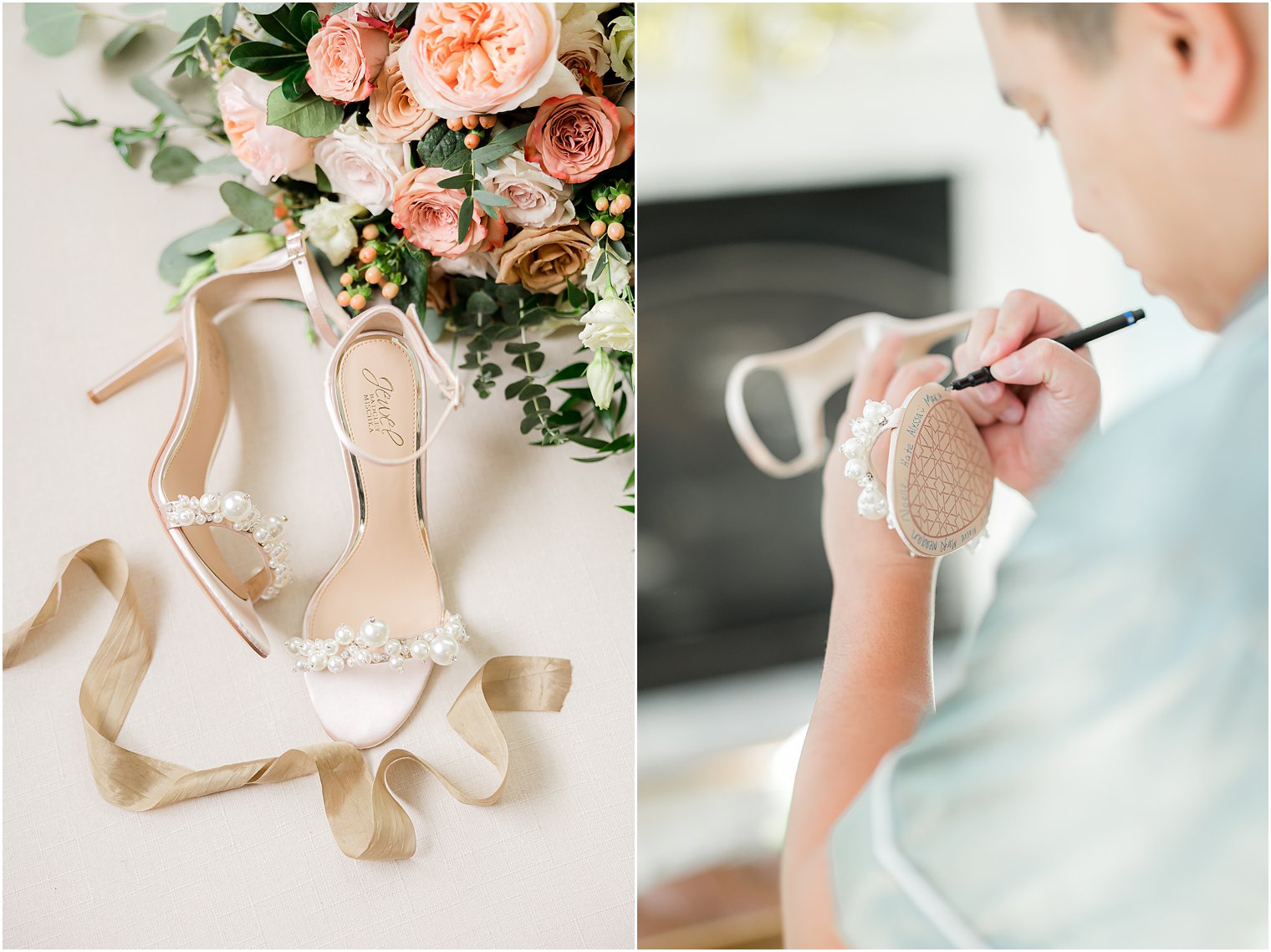 bridesman writes note to bride on sole of shoe