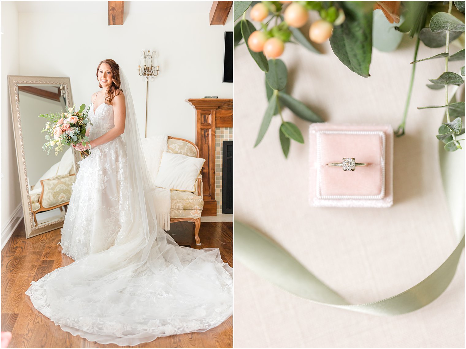 bride stands by mirror holding bouquet of pink roses 