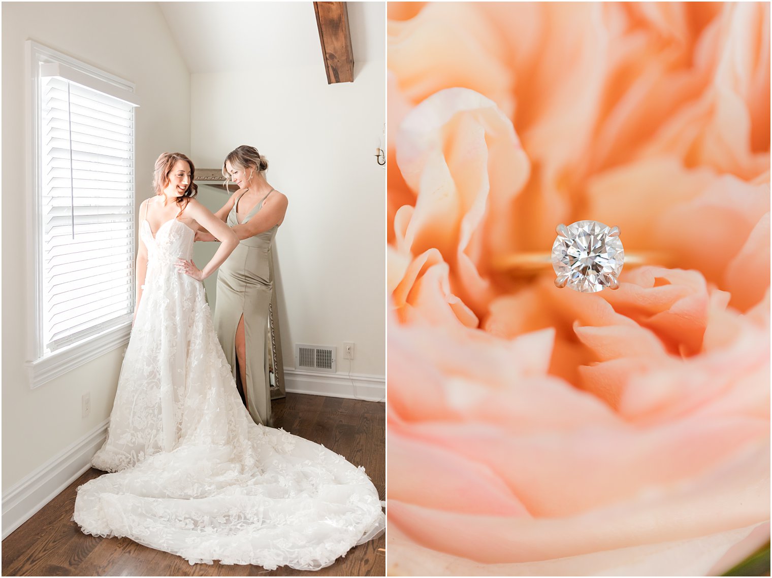 maid of honor helps bride into wedding gown 