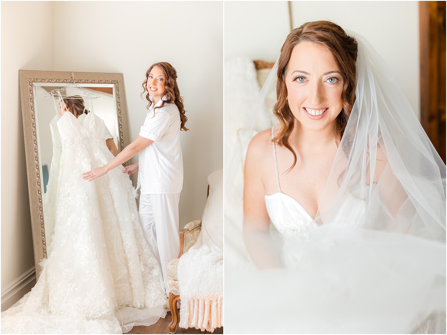 bride sits in strapless gown with veil around shoulders 