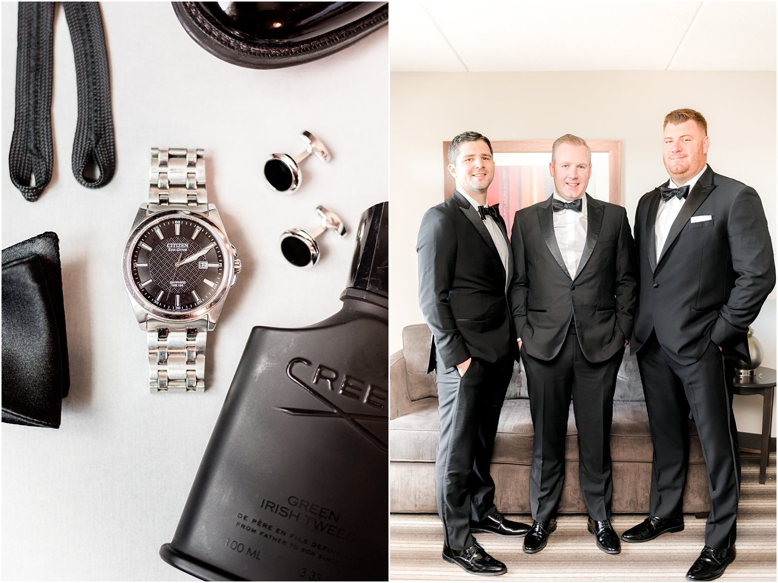 groom poses with two brothers in black suits 