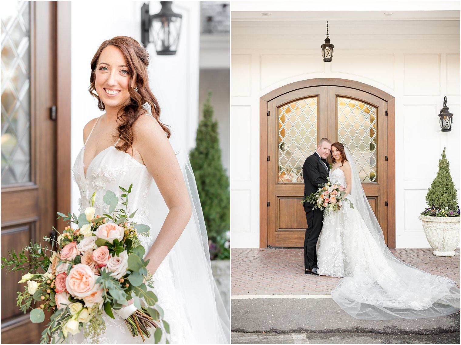 bride and groom pose by wooden doors at The Mill Lakeside Manor