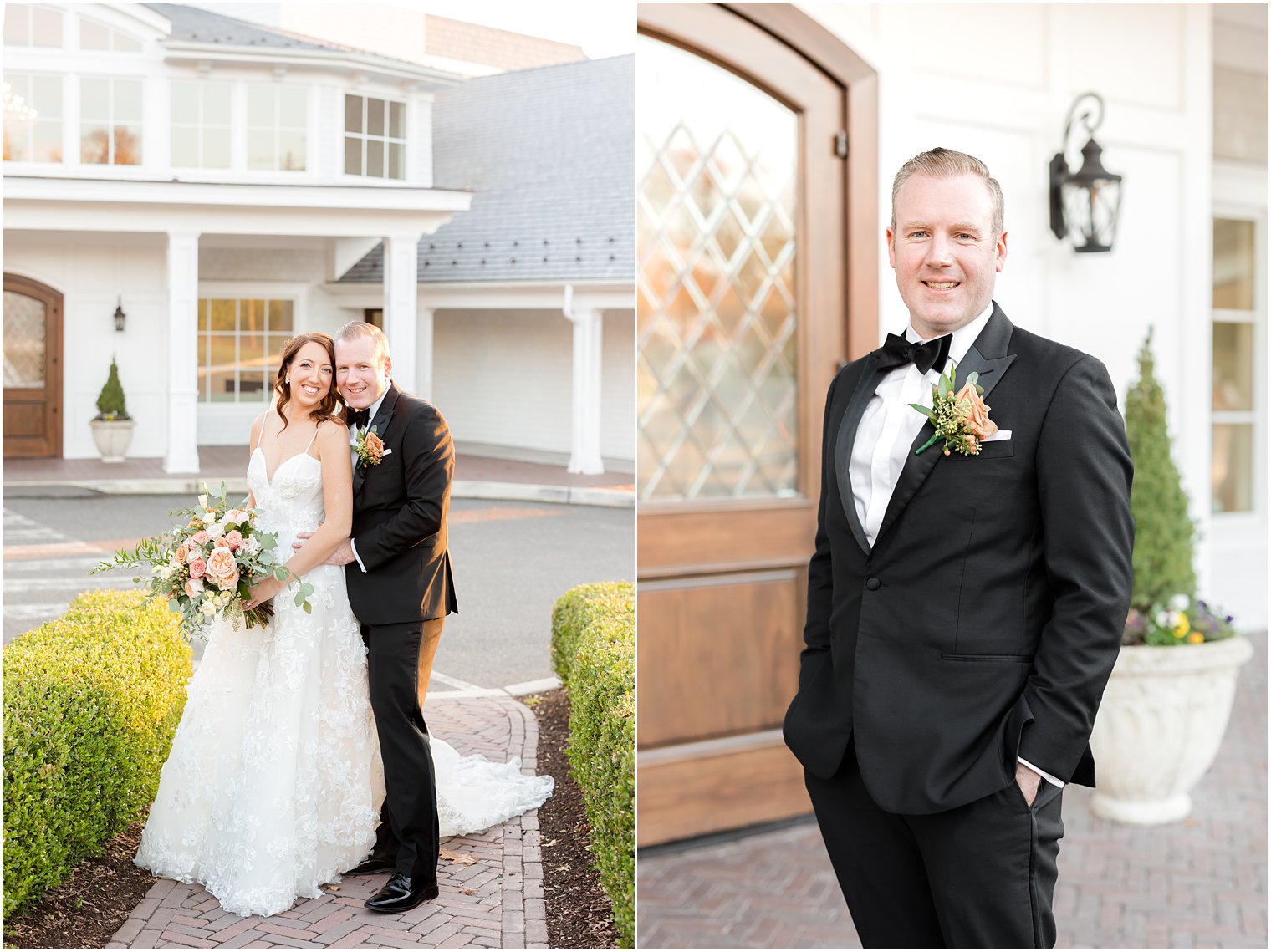 groom hugs bride from behind outside The Mill Lakeside Manor