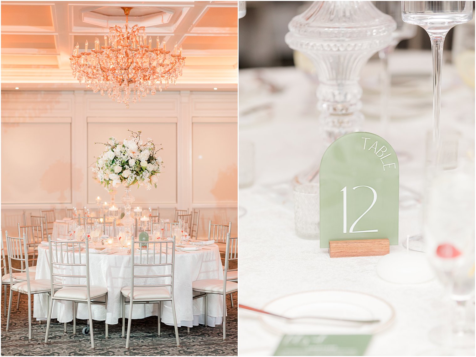 wedding centerpieces with tall floral display and mint green table number 